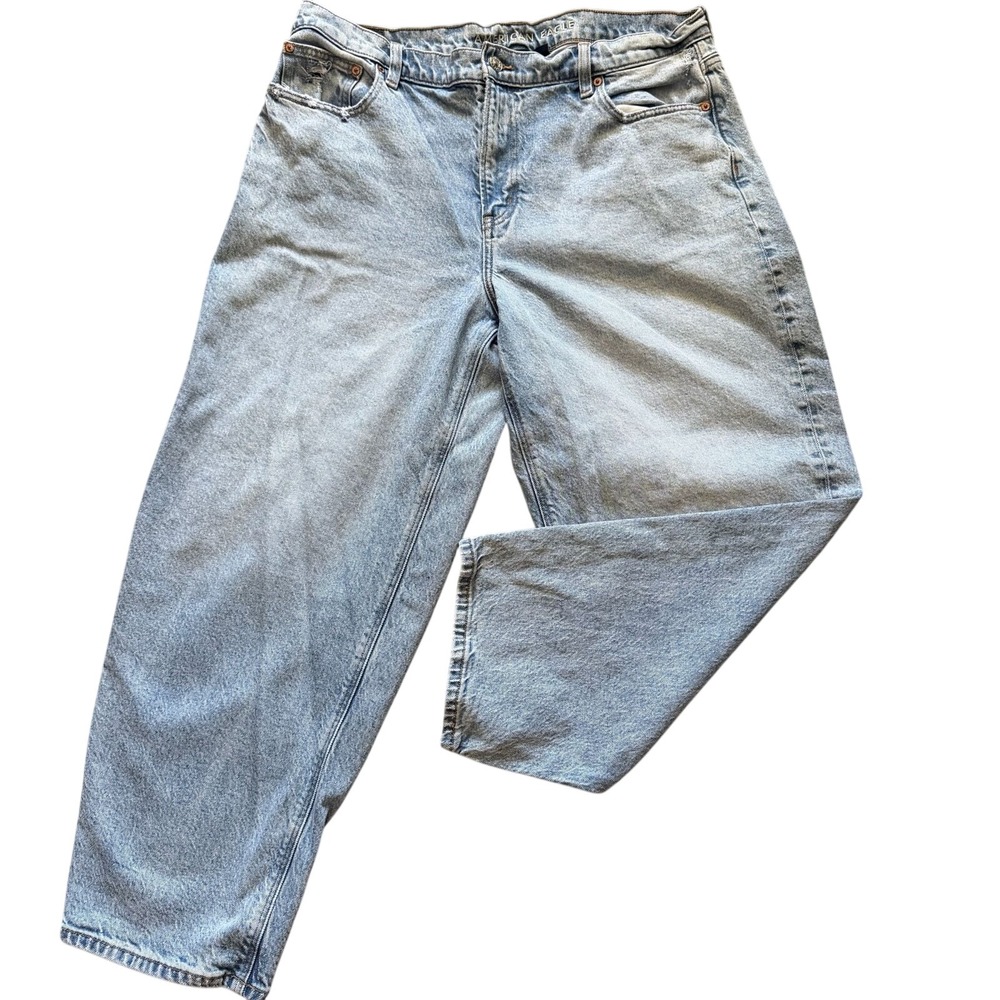 American Eagle Baggy High Waisted Jeans Light Wash Blue Size 16 Stretch Wide Leg